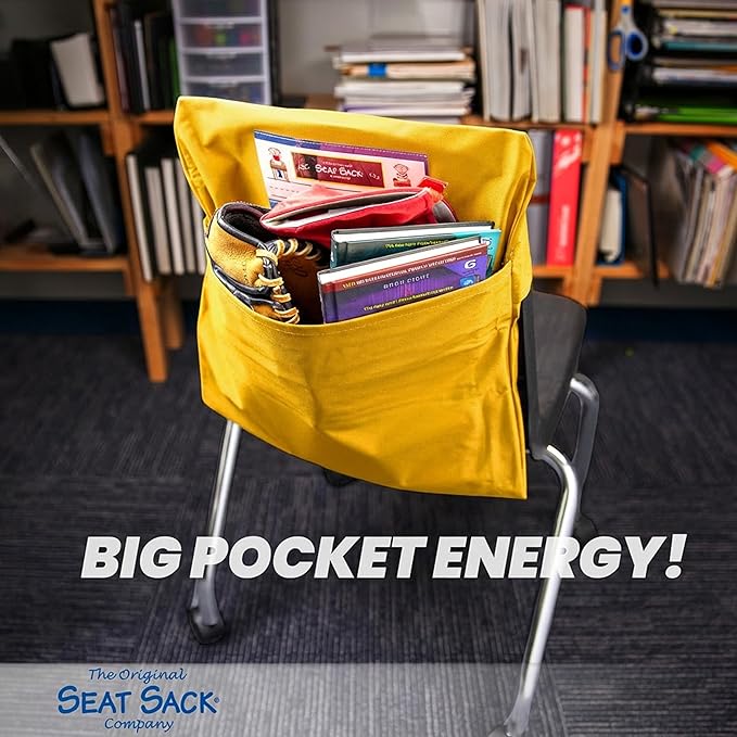 Seat Sack Student Chair Storage Pocket - 17", Single Pocket, Classroom Chair Organizer for Student Desks, Durable Over-the-Chair Storage, Yellow, 25-Pack