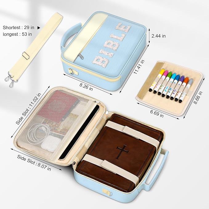 FINPAC Large Bible Cover w/Shoulder Strap, Carrying Book Case Church Bag Bible Protective w/Pen Slots and Zippered Pocket, Gift for Women Lady, Letter Blue