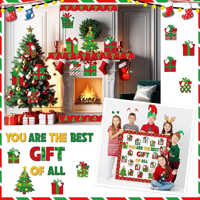 86 Pcs Christmas Bulletin Board with Christmas Tree Borders Christmas Xmas Gift Boxes Cutouts Winter Holiday Classroom Bulletin Board for Classroom Decoration School Home Holiday Party
