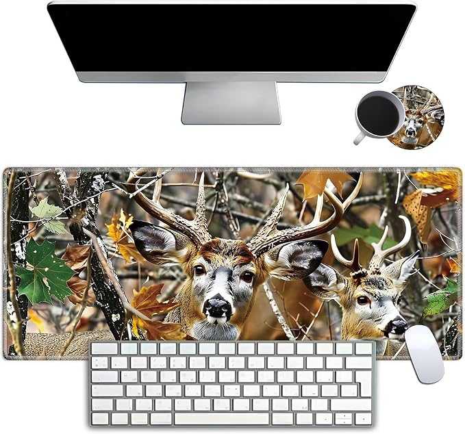 Mouse Pad Gaming Mousepad 31.5x11.8 Inch XXL Large + Coasters,Desk Mat with Stitched Edges, Non-Slip Rubber Base, Thick Mouse Pad for Computer, Laptop, Office & Home - Jungle Deer