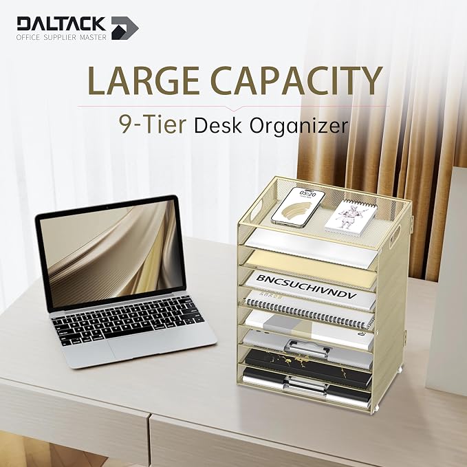 DALTACK 9-Tier Paper Organizer for Desk, Mesh Letter Tray Desk Organizer with Handles, Space-Saving File Organizer for Office Home School, Golden Yellow