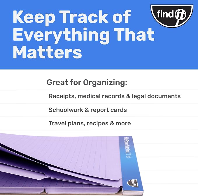 Find It File Folder Notepad - Pack of 12-9.5 x 12.5 Inch Notebook Organizer Folders for Filing, Document, and Clipboard Organization - Lavender