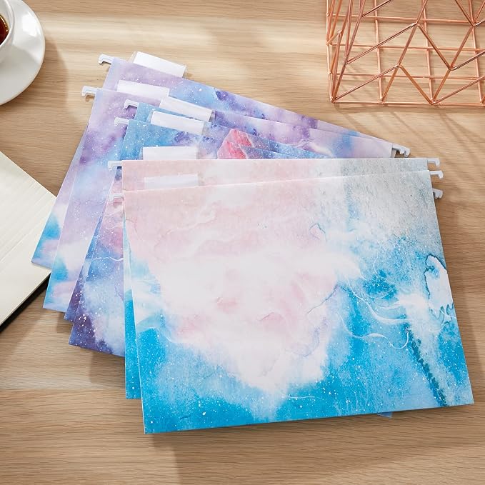 Y YOMA 6 Pack Decorative Hanging File Folders Letter Size Marble Cute Hanging Folder Pretty File Folder Organizer for Filing Cabinet Office Home with 1/5-Cut Adjustable Tabs, 3 Pink Nebula Design