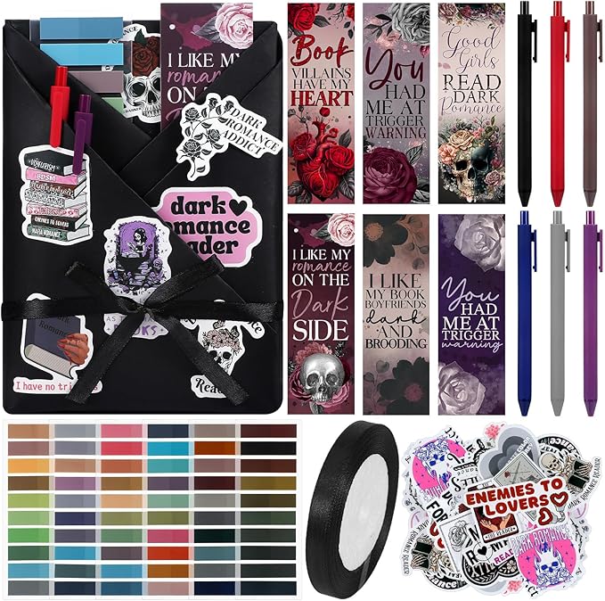 Honoson 6 Set Dark Romance Blind Date with a Book Gift Box Supplies Including Smutty Spicy Bookmarks Stickers Tags Pens Ribbon Wrapping Papers Bookish Librarian Book Lovers Club Gifts(Without Books)