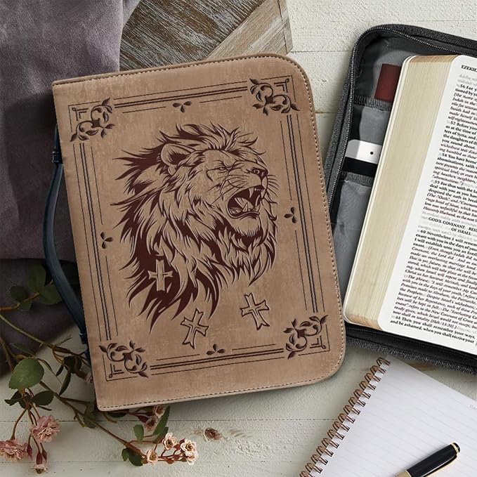 Vintage Religious Lion Bible Case with Bookmark Waterproof Bible Cover Case for Women Lightweight Bible Bag with Handle Pockets Church Book Bag Brown
