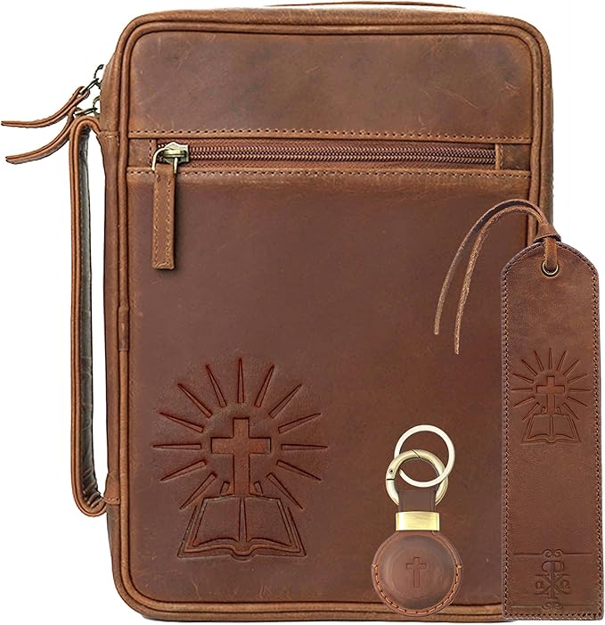 Sovereign-Gear Large Leather Bible Cover with Cross - Genuine Buffalo Leather for Men & Women, with Handle, Zipper, Pockets - Church Bag Plus Bookmark & AirTag Compatible Holder - Durable & Stylish