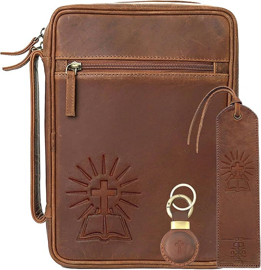 Sovereign-Gear Large Leather Bible Cover with Cross - Genuine Buffalo Leather for Men & Women, with Handle, Zipper, Pockets - Church Bag Plus Bookmark & AirTag Compatible Holder - Durable & Stylish