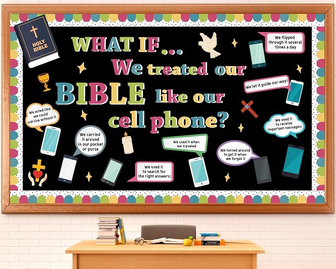 Religious Bible Bulletin Board Set Jesus Sunday School Classroom Decoration Christian Cell Phone Bulletin Board Inspirational Religious Bible Cell Phone Cutouts for VBS Church Chalkboard Wall Decor