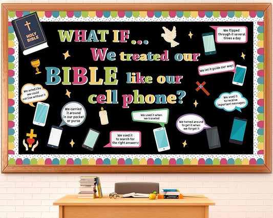 Religious Bible Bulletin Board Set Jesus Sunday School Classroom Decoration Christian Cell Phone Bulletin Board Inspirational Religious Bible Cell Phone Cutouts for VBS Church Chalkboard Wall Decor