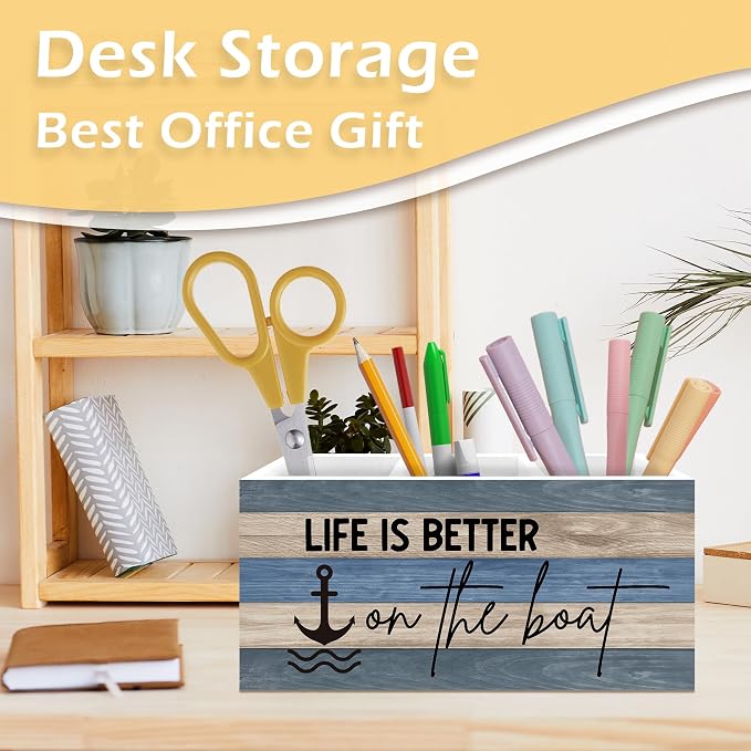 Boat Captain Owner Gifts Pen Pencil Holder, Boating Gifts for Women Men, Beach Desk Accessories, Life Is Better on the Boat Wooden Pen Pencil Organizer for Lake House Desk Decor
