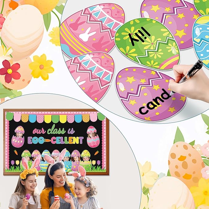 Easter Bunny Egg Bulletin Board Set Easter Egg DIY Photo Craft Cutouts Easter Classroom Bulletin Board Decorations Bunny Rabbit Grass Cutouts for Teacher School Office Home Chalkboard Wall Door Decor