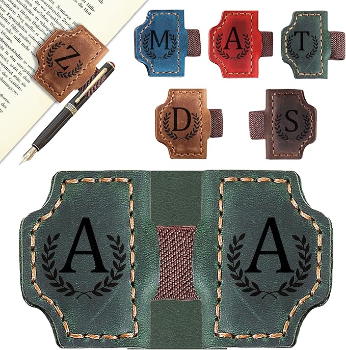 Custom Magnetic Bookmarks with Pen Holder, Personalized 26 Letters Name Initial Leather Bookmark, Leather Book Mark for Men Women Teachers, Readers Book Lovers Gifts (Green, A)