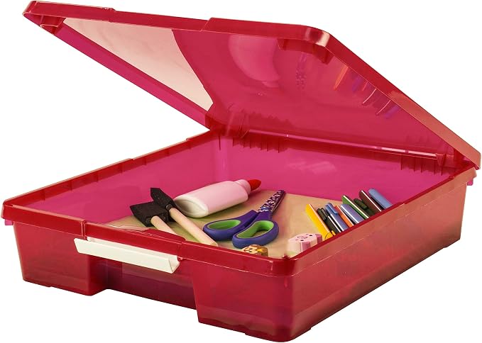 Storex Classroom Craft Project Box – Stacking Plastic Organizer Fits 12x12 Scrapbooking Paper, Red, 5-Pack (63204U05C)