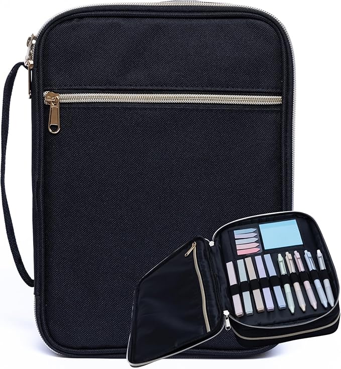 S.F. Creations Premium Bible Carrying Case – Premium Bible Case for Women with Adjustable Straps, Dual Compartments, Extra Pockets for Pens, Book Cover for Teens & Kids, Black w/Gold Zipper Full Kit
