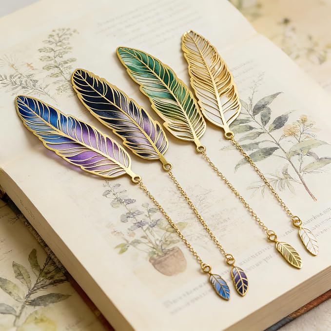 4Pcs Fantasy Feather Bookmarks for Books, Metal Bookmark with Chain, Unique Reading Accessories for Women Book Lovers, Teachers, Students