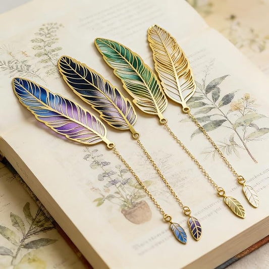 4Pcs Fantasy Feather Bookmarks for Books, Metal Bookmark with Chain, Unique Reading Accessories for Women Book Lovers, Teachers, Students