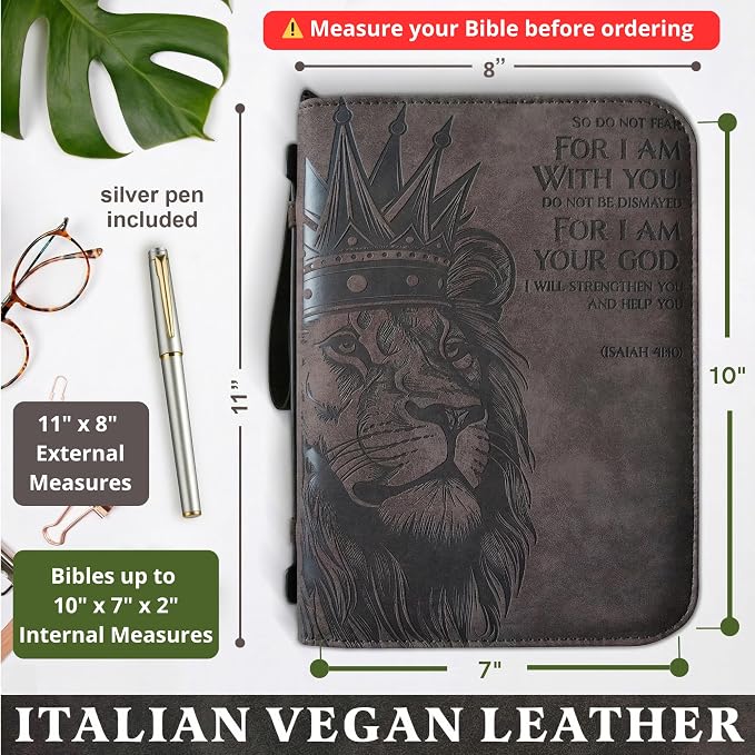 | Lion of Judah Bible Cover for Men & Women | Large Vegan Leather Bible Case with Pen | Fits Thick Study Bibles up to 10" L x 7" W x 2" H | Christian Gifts (Gray)