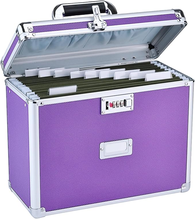 File Storage Cabinet for Letter Size Hanging File Folders, Suspension File Holder, Document Organizer Filing Lockbox in Office and Home with Combination Lock and 10-pack Hanging Files (Purple, Letter)