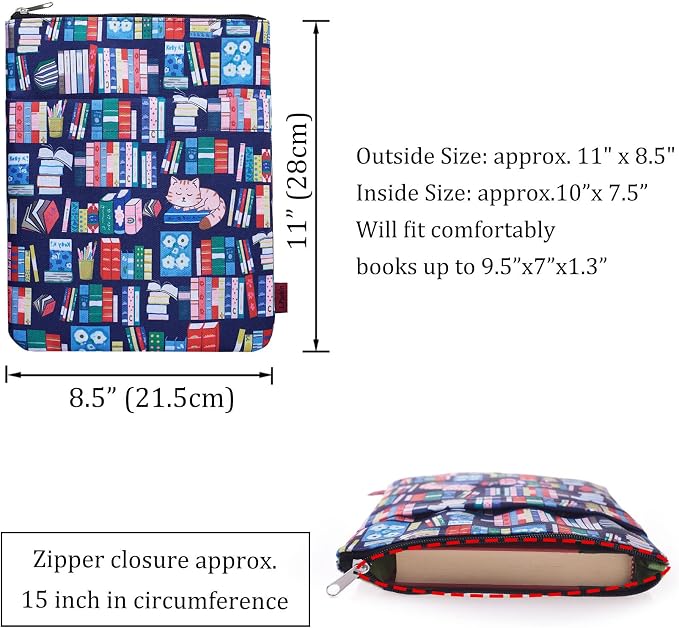 Book Sleeve for Book Lovers, Bookish Book Protector, Book Covers for Paperbacks, Washable Fabric, Book Sleeves with Zipper, Medium 11 Inch X 8.7 Inch