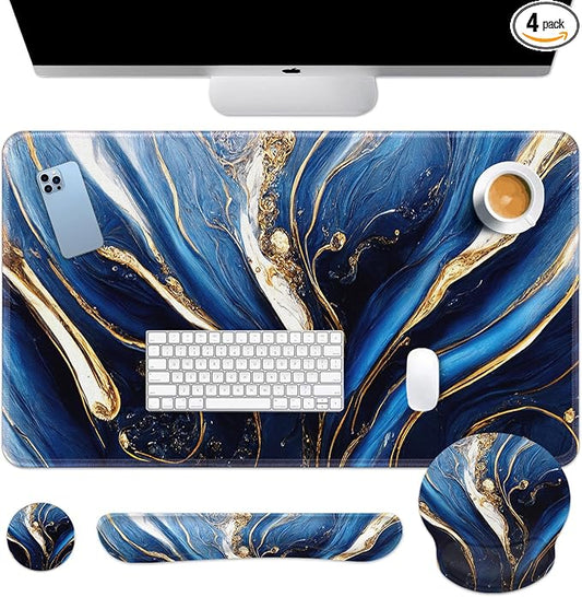 Britimes Blue and Gold Marble Keyboard Mouse Pad Set 4in1 Large Mousepad+Keyboard Wrist Rest+Mouse Wrist Rest+Coaster Set with Ergonomic Design for Home Office Computer 35.4x15.7 inches