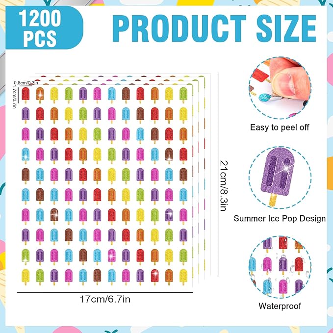 Whaline 1200Pcs Ice Pop Mini Stickers Holographic Summer Popsicle Self Adhesive Stickers Ice Lolly Sparkly Label Decals for Craft Scrapbook Envelope Reward, 10 Sheets