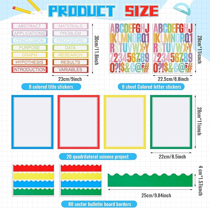 Henoyso 116 Sheets Science Fair Board Supplies 20 Printable Presentation Science Subtitles 80 Scalloped Bulletin Borders 8 Letter Sticker 8 Project Title for School Office (Board No Included)
