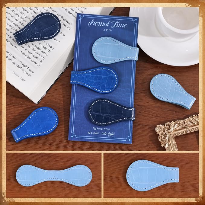 3PCS Vintage Magnetic Leather Bookmark, Leather Magnetic Bookmarks for Women, Magnetic PU Bookmarks Clip Book Accessories, Blue Pattern
