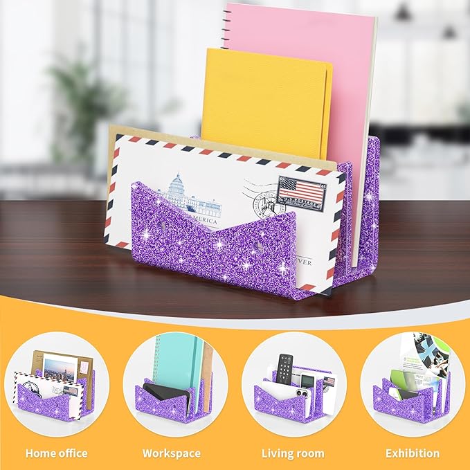 Mail Organizer Envelope Holder - 3 Compartments Glitter Purple Acrylic Mail Holder Countertop Vertical Desk Organizer Small File Bill Document Notebook Letter Sorter for Home School Office
