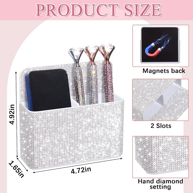 MotiMind White Locker Accessories for Girls, Bling Magnetic Pen Holder for Refrigerator, Back to School Rhinestone Marker Holder for Locker, Sparkly Gift for Student (Medium,Rhinestone)