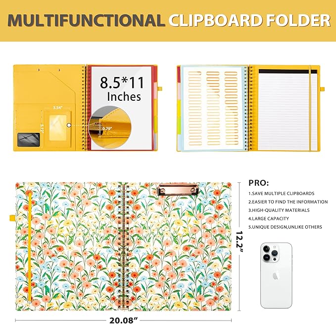 Ospelelf Clipboard with Storage for Men Women, Leather Padfolio Portfolio Organizer 5 Folders with 10 Pockets, Spiral Clipboard Folio with Notepad for Letter Size, Elastic Closure and Pen Loop Floral