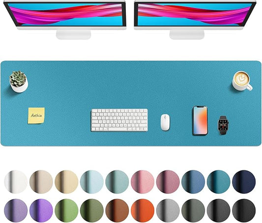 Aothia Faux Leather Desk Mat - Non-Slip PU Leather Desk Blotter, Waterproof Writing Surface, Large Desk Pad for Office & Home (Turquoise, 55" x 17")