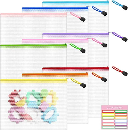 9pcs Mesh Bags with Zipper, A5 9.5x7.2 Inches, 9 Colors Clear Zipper Pouches for Organizing, Puzzle Storage, Travel, School, Office Supplies