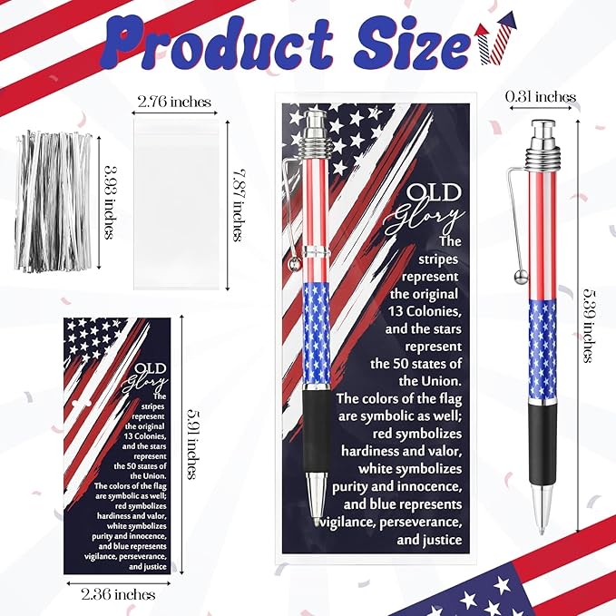 Motiskyy 50 Sets American Flag Ballpoint Pens Bulk USA Patriotic Themed Black Ink Retractable Pen Stars Stripes Bookmarks Stationery 250th Anniversary Souvenirs for Veterans Home Office Army
