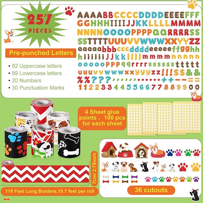 Kosiz Pet Dog Bulletin Board Decoration Set 118 ft Scalloped Bulletin Board Borders Classroom Poster Border Trim with 257 Pcs Letter Number Symbol Cutout for School Decor