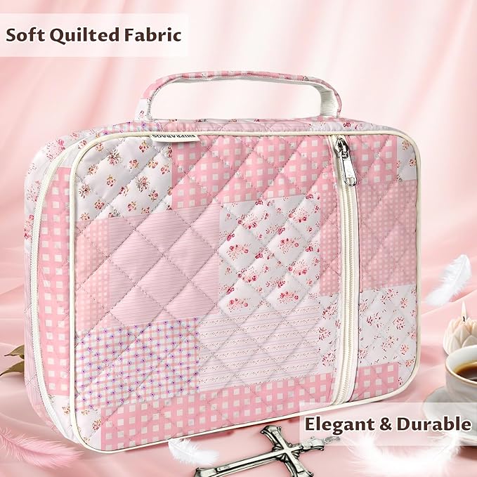 shirabags Quilted Bible Cover Case for Women - Elegant Cotton Bible Bag for Study, Church, Christian Gifts for Women(Pink Floral Patchwork, M)