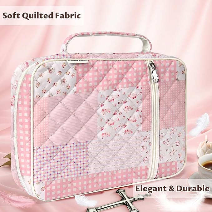 shirabags Quilted Bible Cover Case for Women - Elegant Cotton Bible Bag for Study, Church, Christian Gifts for Women (Pink Floral Patchwork, L)