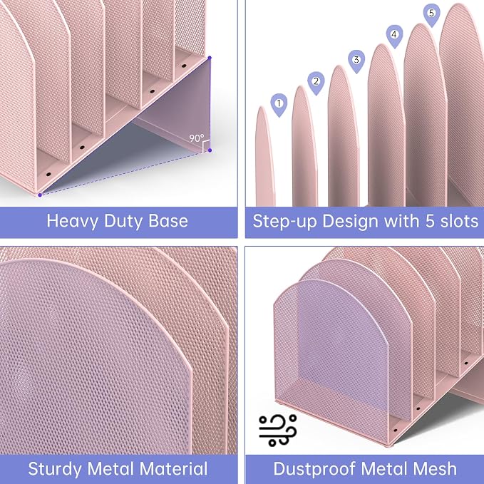 5-Section Desk File Organizer, Vertical File Organizer for Desk, Mesh Mail Holder for Letter Size Folders, Pink