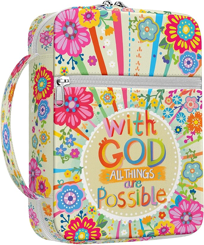 Colorful Floral Bible Cover for Girls and Women, Scripture Verse Case with Handle and Front Pocket, Canvas Bible Bag for Standard Size, Inspirational Church for Bible Study Gift