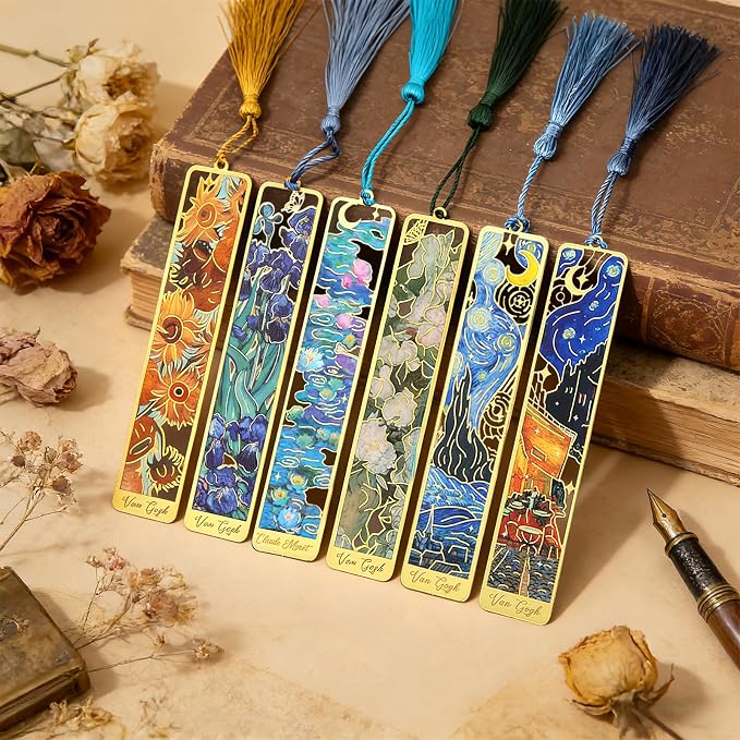 6-Pack Metal Bookmarks with Tassels, Golden Hollow-Out Oil Painting Theme Bookmarks | Book Markers for Reading, Gifts for Book Lovers, Writers, Readers, Adults, Teens & Women