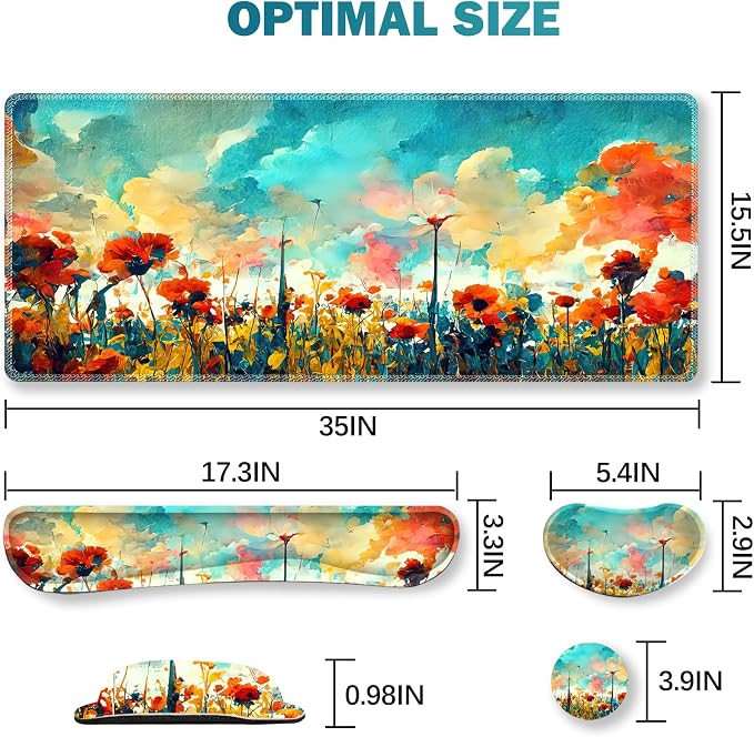 ARTSO Gaming Mouse Pad Wrist Support Set, XXL Large Desk Mat Mousepad + Keyboard Wrist Support+ Mouse Wrist Rest+Coaster 4in1 Ergonomic, Stitched Edge for Home Office -Oil Painting Flowers Plants