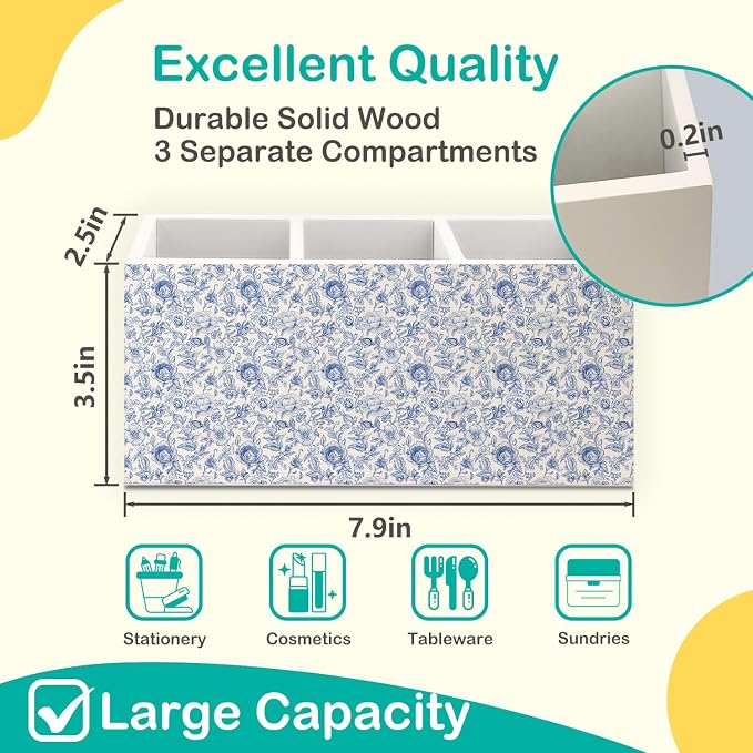 Chinoiserie Floarl Pen Holder Desk Accessories, Chinoiserie Blue and White Floral Makeup Brush Toothbrush Holder Organizer for Home Office Desk Bathroom