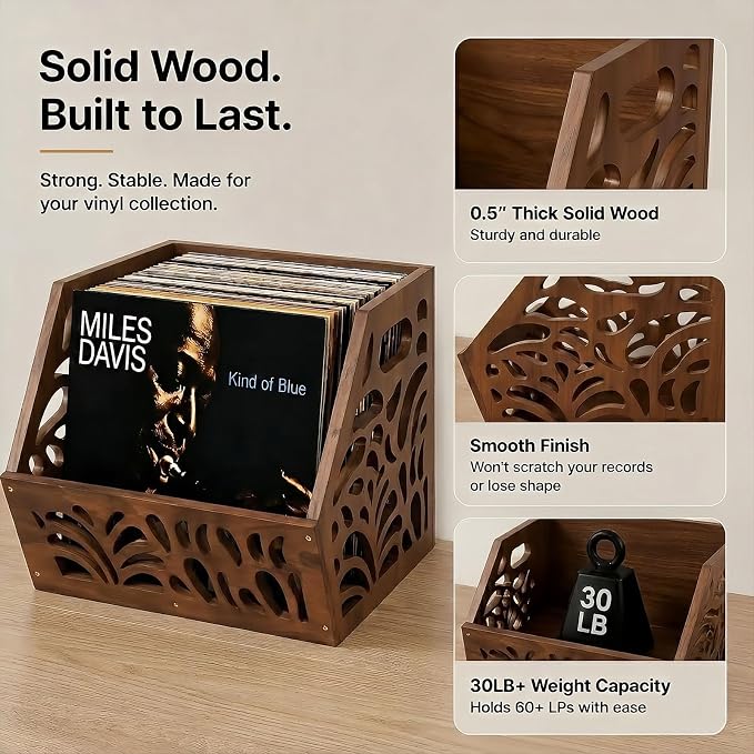 Vinyl Record Storage Box 60+ LP Record Holder Crate, Vinyl Organizer Storage Rack for Album Storage, Chestnut Vintage Finish Home Decor