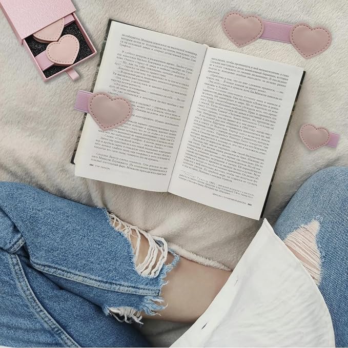 Magnetic Leather Heart Bookmarks with Pen Holder - Winjeto 2 Pieces Cute Book Marks for Reading Women Kids Accessories, Book Lovers Gifts for Friends Teacher School Office Supplies with Gift Box, Pink
