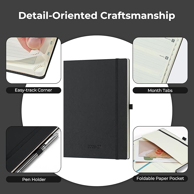 Weekly Monthly 2026-2027 Planner (July 26-Dec 27),11.5"x8.5",18 Months Agenda Plan with Month Tabs & Pocket,Expenses/Note Pages, Academic Calendar with Vegan Leather Cover,Black
