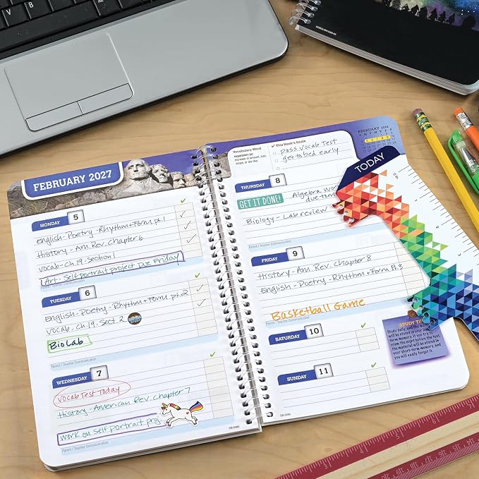 Global Datebooks 2026-2027 Middle & High School Student Planner 5.5" x 8.5" - Dated Weekly & Monthly Academic Planner with Ruler/Bookmark & Stickers, Ideal for Homework, Block Style, Neon Numbers
