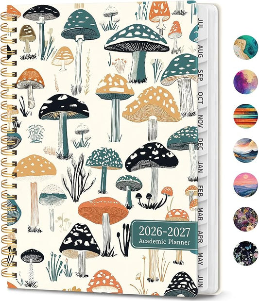 Academic Planner 2026-2027, Weekly and Monthly Calendar Book, July 2026 – June 2027, Hardcover Planner with Tabs, Perfect for Teachers, Students, Women & Men, A4 (8.5" x 11") - Mushrooms Grovel