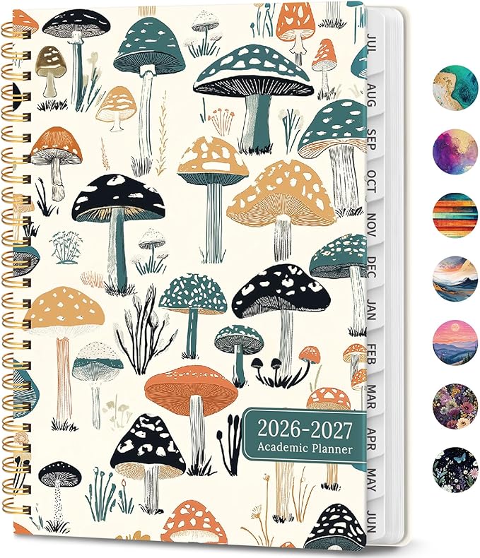 Academic Planner 2026-2027, Weekly and Monthly Calendar Book, July 2026 – June 2027, Hardcover Planner with Tabs, Perfect for Teachers, Students, Women & Men, A4 (8.5" x 11") - Mushrooms Grovel