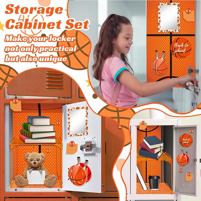 Demonwer 14 Pcs Locker Accessories Kit Basketball Themed Locker Organizer Magnetic Whiteboard Mirror Pen Holder Basketball Stickers for Back to School Essentials Locker Decorations