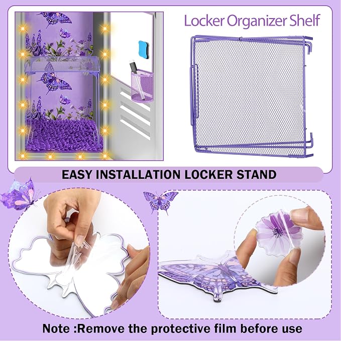18 Pcs Purple Butterfly Locker Accessories Kit for Girls Back to School Essentials with Magnetic Wallpaper Shelf Mirror Pen Holder Dry Erase Pen Rug Nails Locker Decorations for Office School Supplies