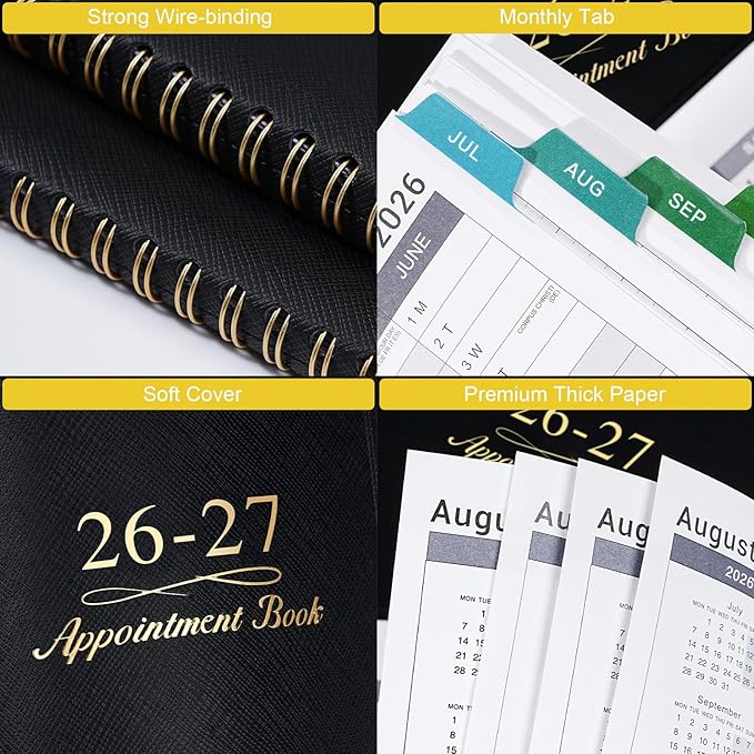 Appointment Book/Planner 2026-2027 - Weekly Appointment Book 2026-2027, July 2026 - June 2027, Daily/Hourly Planner with Tabs, 15 Minutes, 8.26" x 11.4", Wirebound - Black